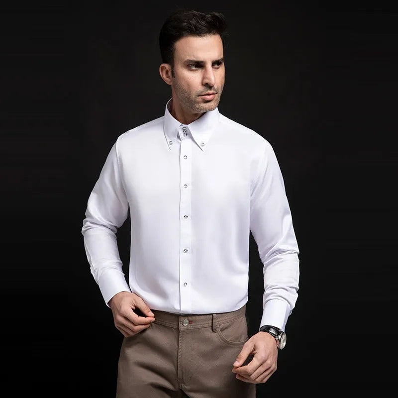 SpringAutumn men's high-neck slim fit polyester shirt with crystal buttons in solid colour