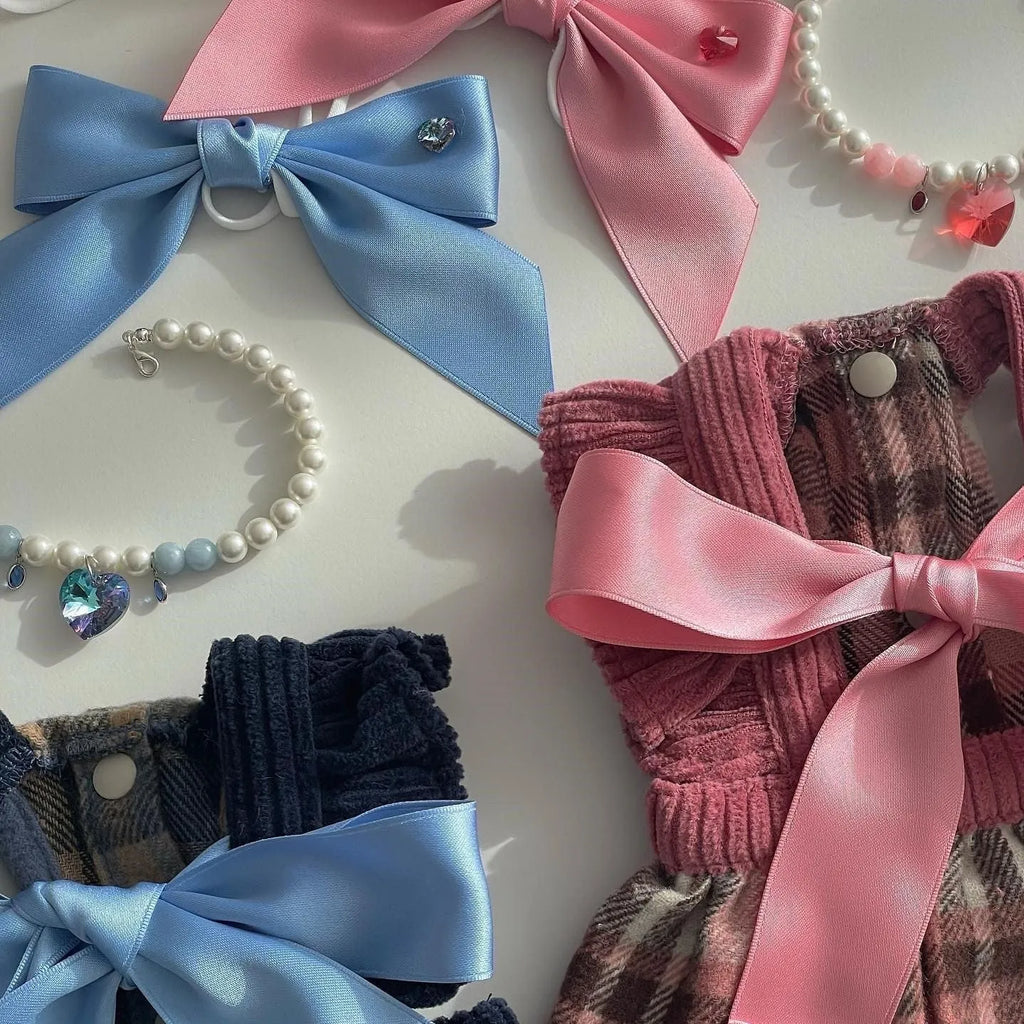 Princess style dog hair band headdress with a large, adjustable bow on a double-sided jacquard ribbon.