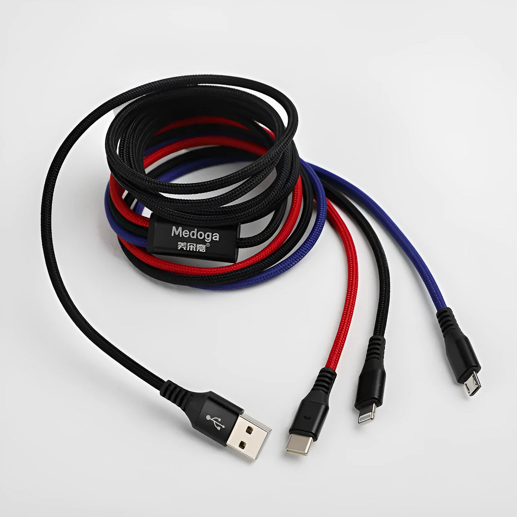 Type-C three-in-one data cable 2 metres nylon braided wire white colour with three charging heads