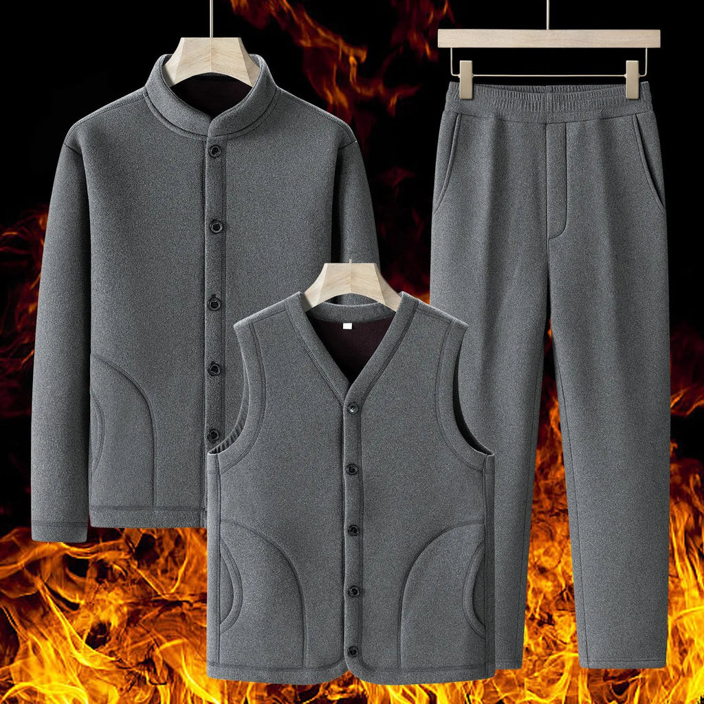 Men's large size dark gray velvet sport suit with long-sleeve coat and trousers, polyester fabric with wool lining