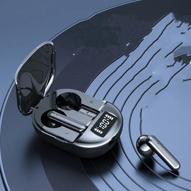 Black and white wireless Bluetooth in-ear headphones with digital display showing battery level