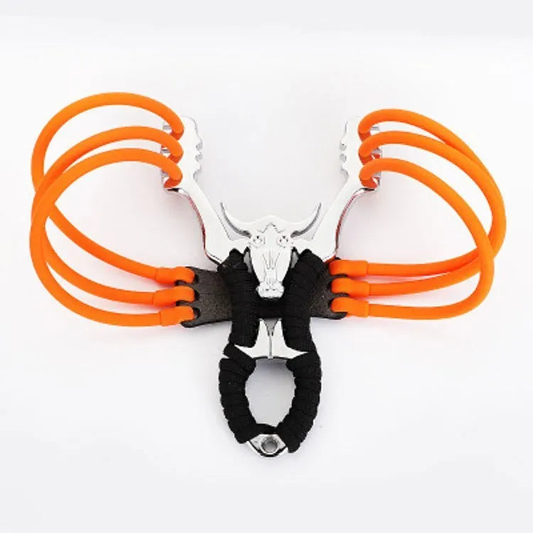 Zinc alloy outdoor slingshot with Dawei power card design on the ball bow grip.