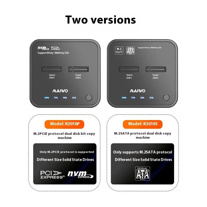 MAIWO K3016 M2 solid state drive cloner dock unit with USB-C cables and power adapter on a desk.