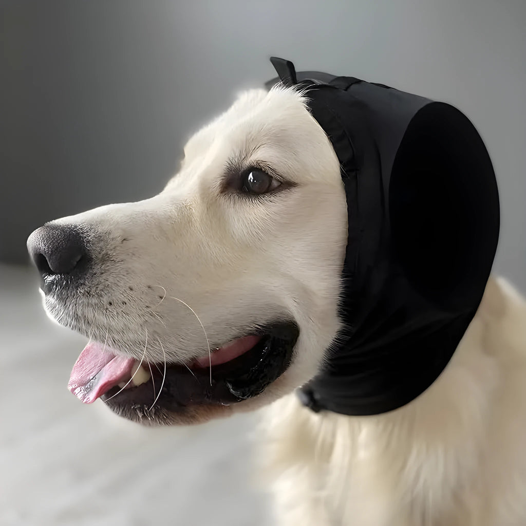 Black dog earmuffs for hearing protection from thunder fireworks, nylon material