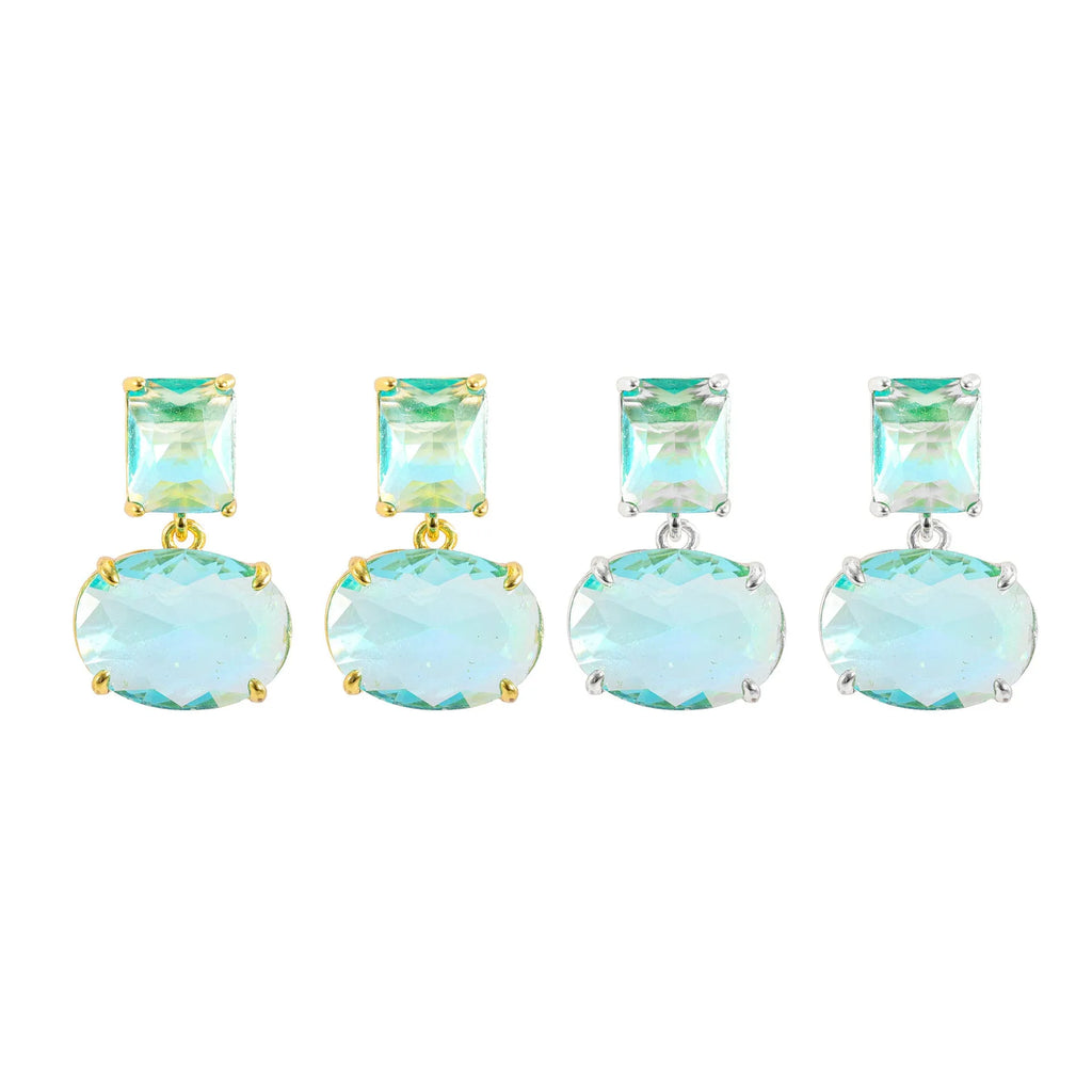 Pair of geometric earrings with gold plated copper base and golden blue glass pendant in ellipse shape on white background