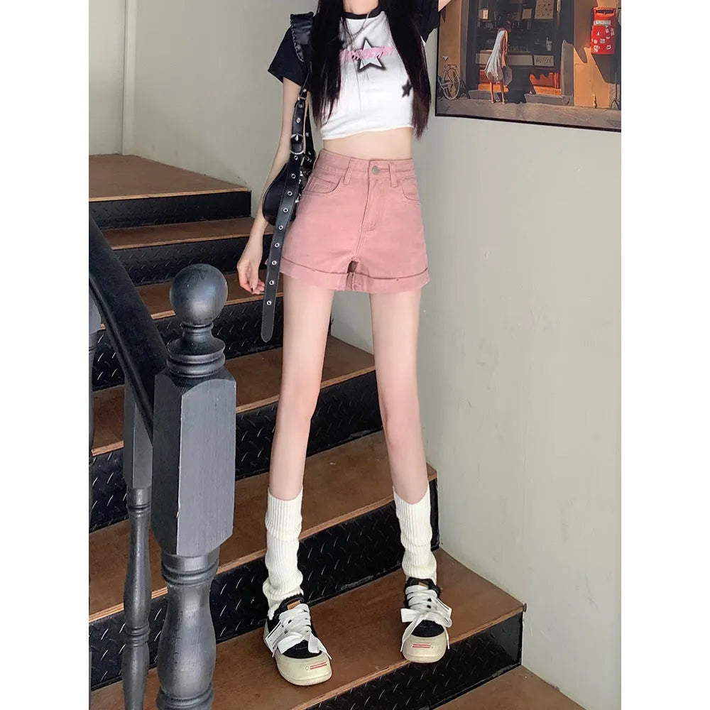 Women's high waist loose fit cotton denim shorts in black, pink, khaki, and white, sizes S to 5XL