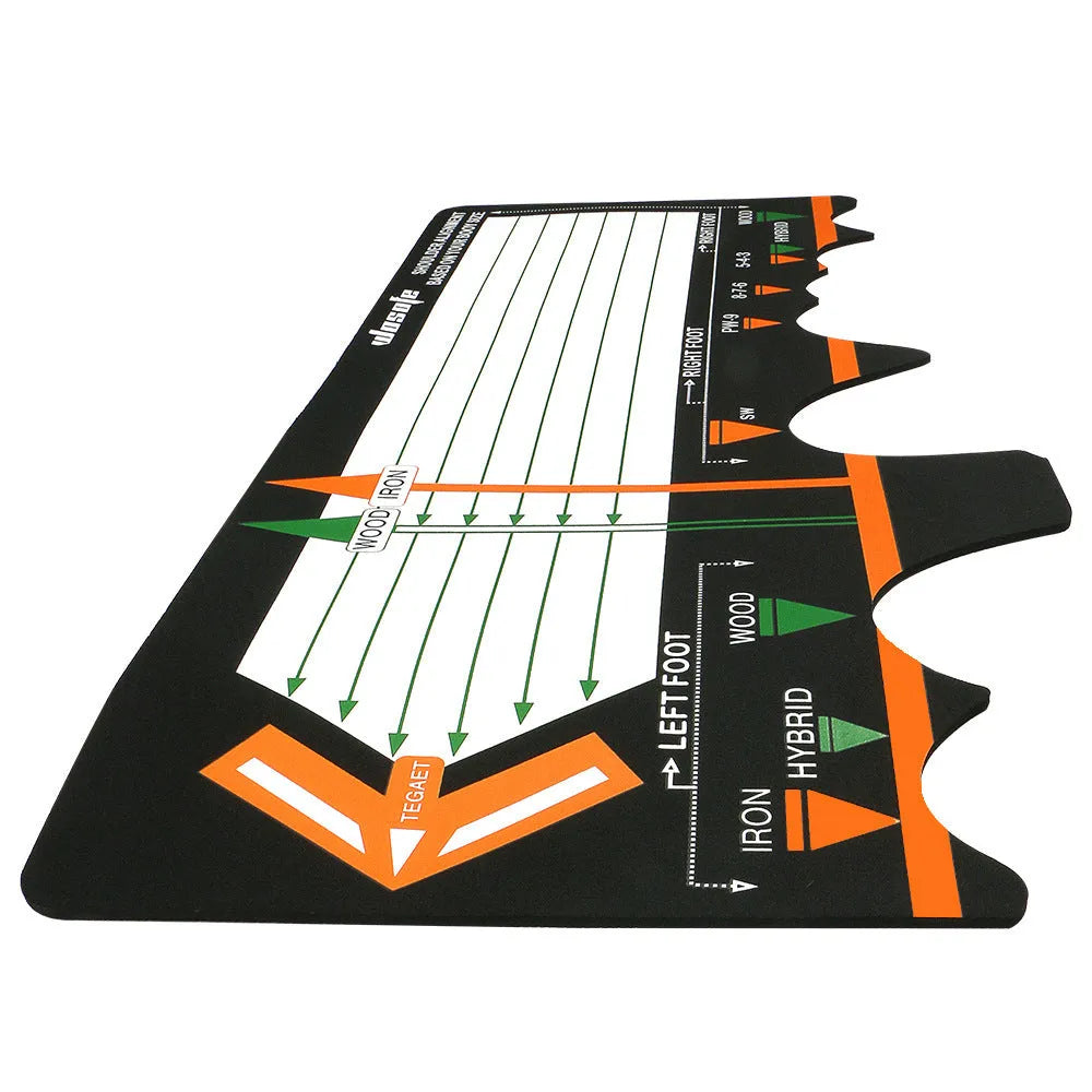 Black neoprene golf swing stance correction training pad on grass