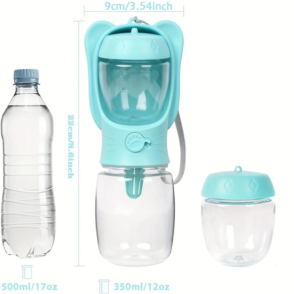2-in-1 portable dog water bottle with food container, leak-proof, 350ml, green, on hiking trail