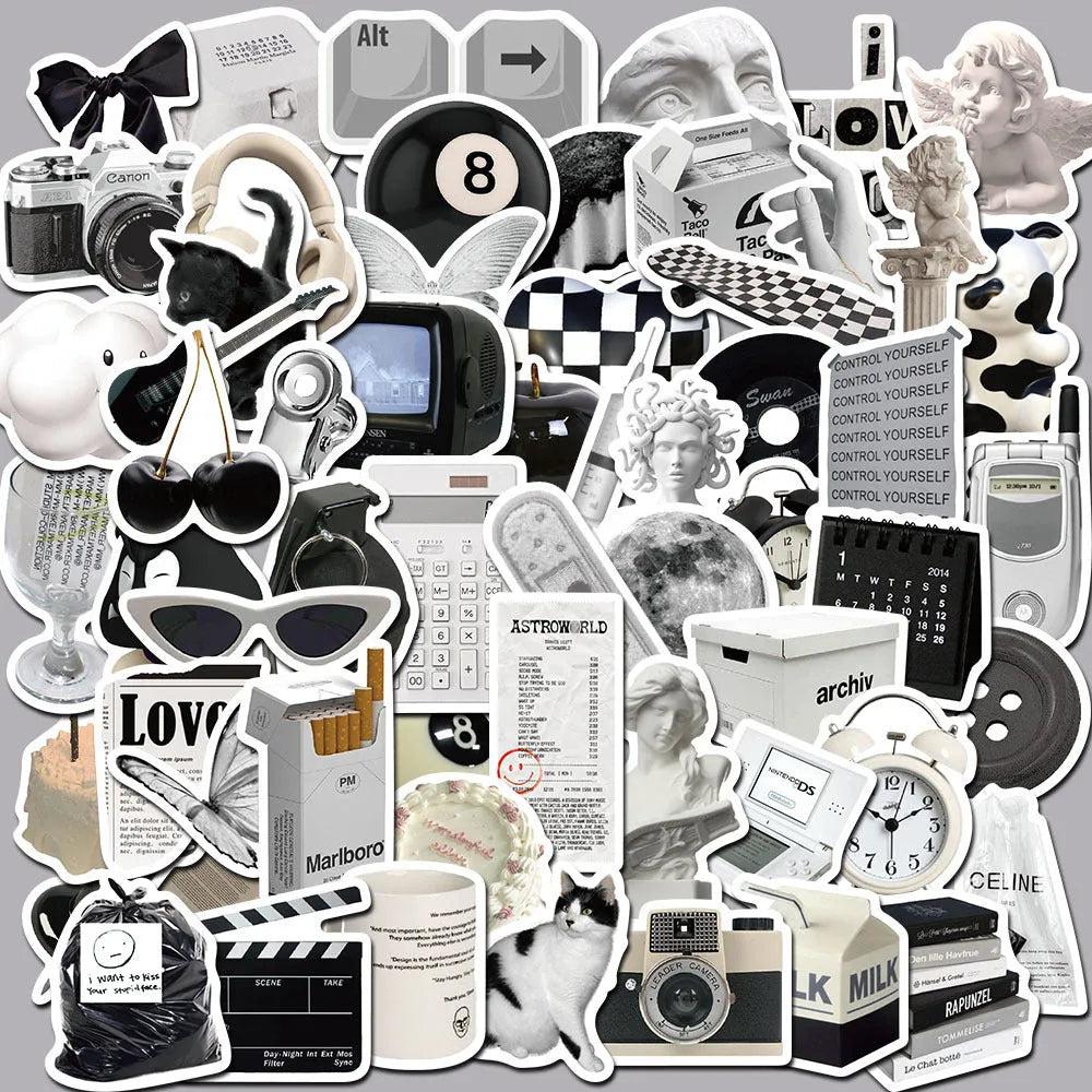 Set of 61 black and white waterproof PVC stickers for laptops, phones, luggage, and other personal items.