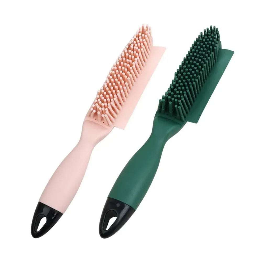 Green and pink dual-use dog brush and sticky clothes hair remover for pet grooming.