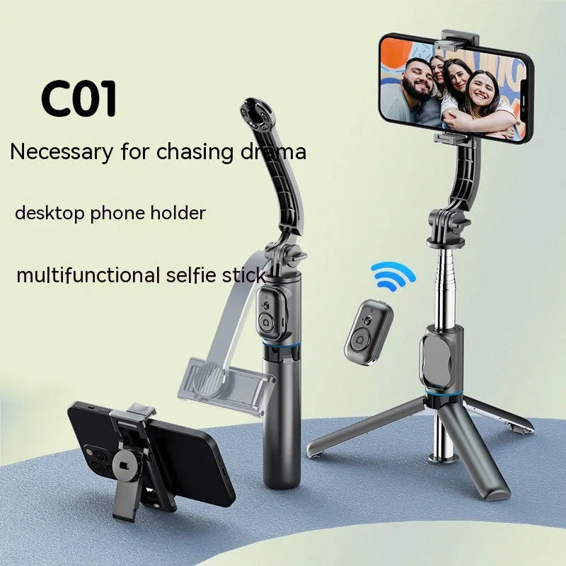 Black detachable desktop stand Bluetooth selfie stick extended to 1060mm with phone in holder