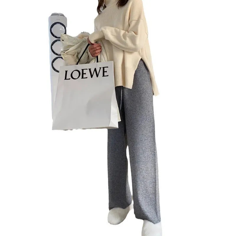 Women's high waist wide-leg knitted trousers in straight-leg design for autumn winter wear