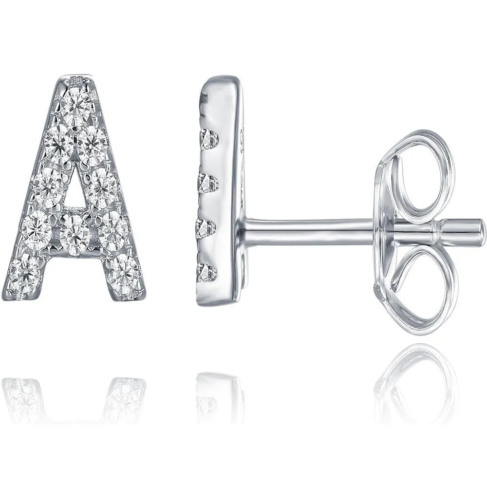 Gold plated brass earring in the shape of the letter A, set with a sparkling zircon stone.