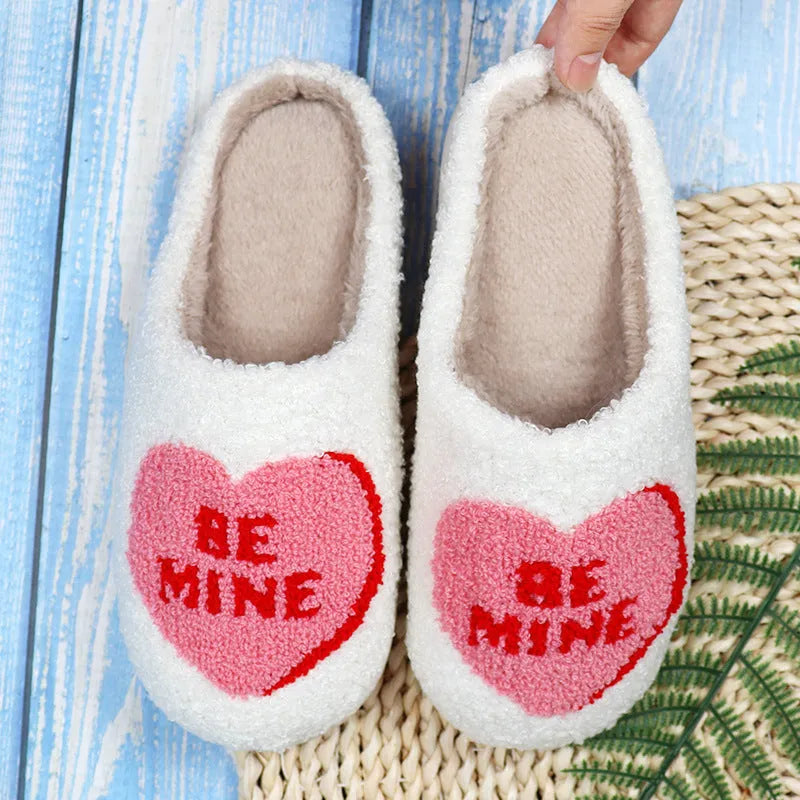 White Valentine's love heart cotton slippers for women and men, indoor non-slip TPR sole, sizes 36-45