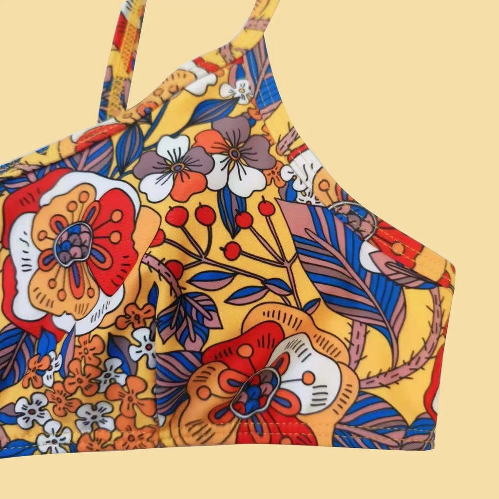 Plus size floral print strapped bikini swimsuit top and briefs on a white background.