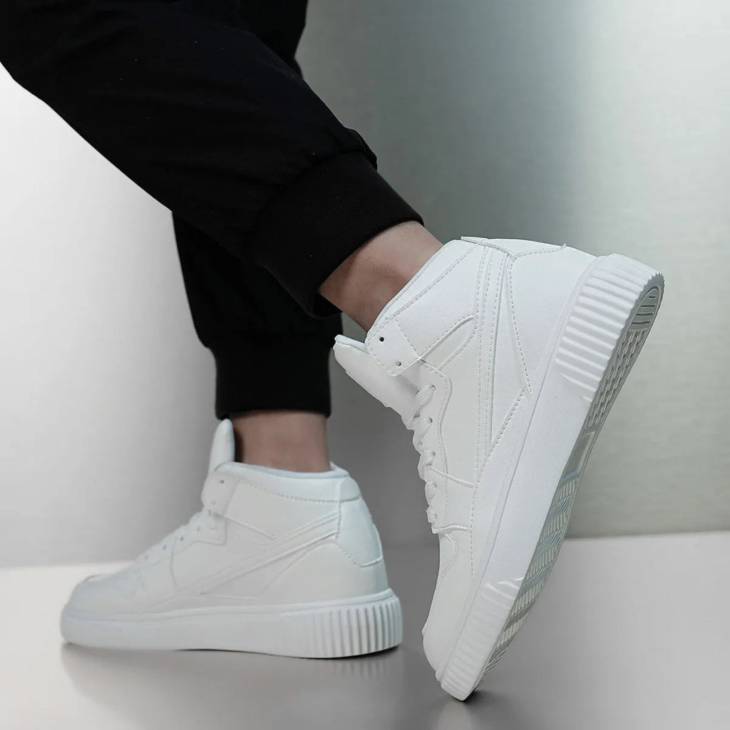 Men's white casual shoes with round toe and microfiber upper on a plain background.