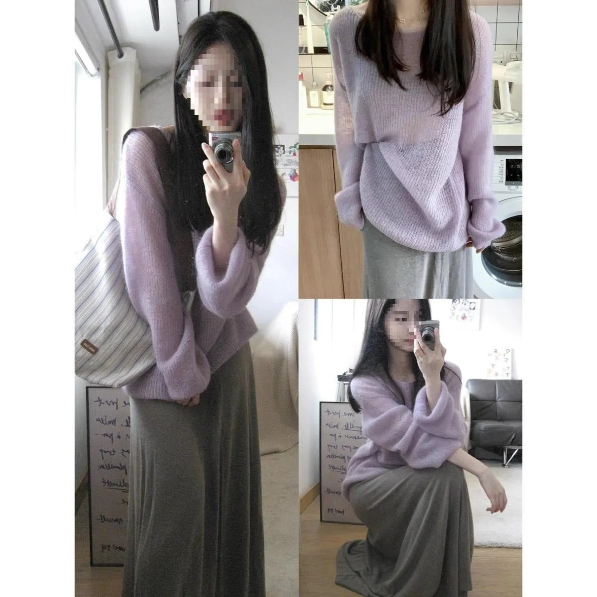 Women's purple round neck lightweight sweater with princess sleeves and hollow out design.