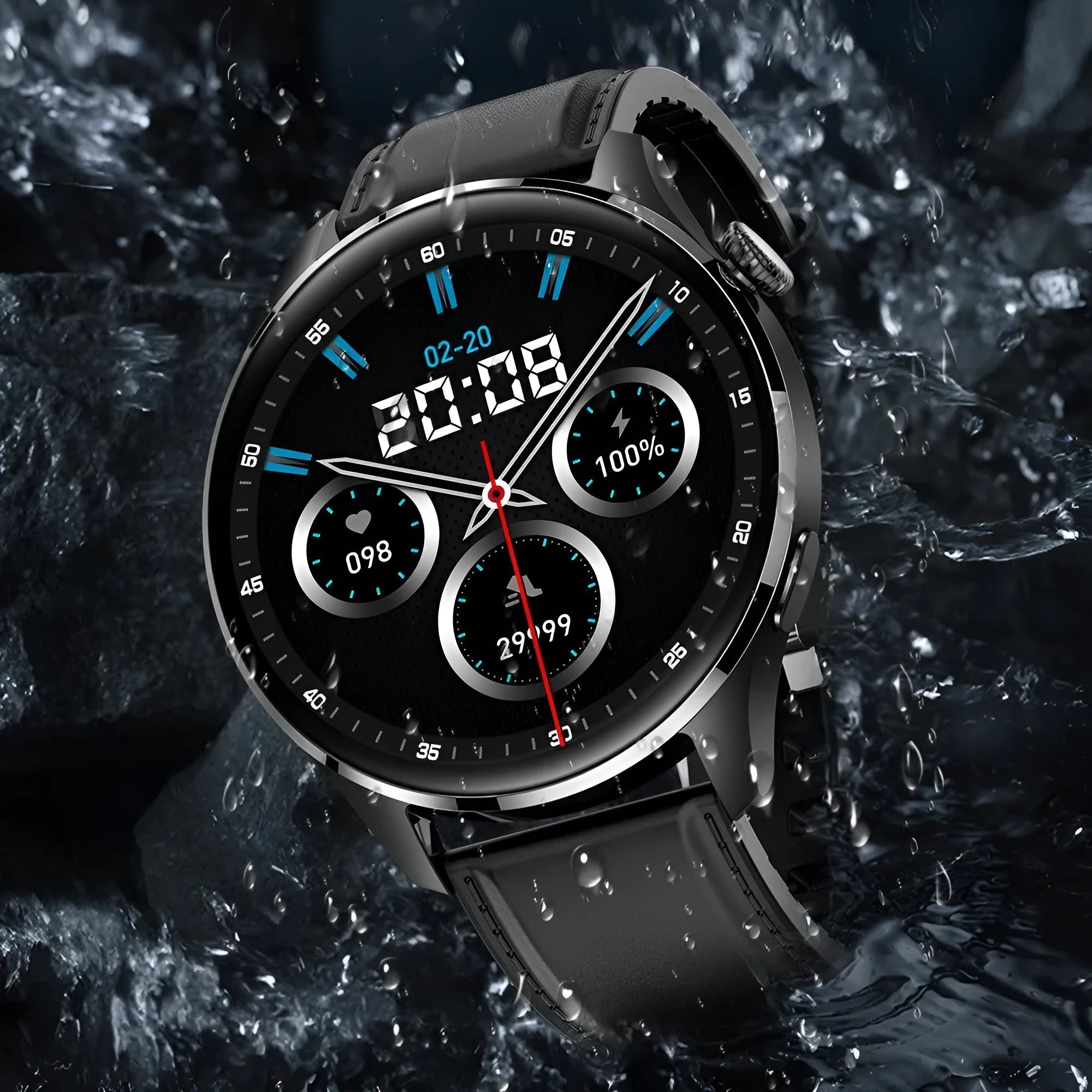 Black smartwatch with round colour screen and silicone strap on a wrist