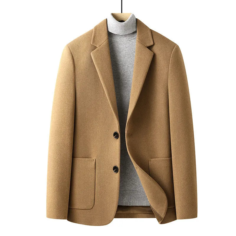 Men's solid colour short wool woolen suit jacket in slim fit, available in black, grey, camel, and houndstooth, sized M to 4XL