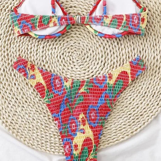 Red floral print women's two-piece underwire bikini set on a white background