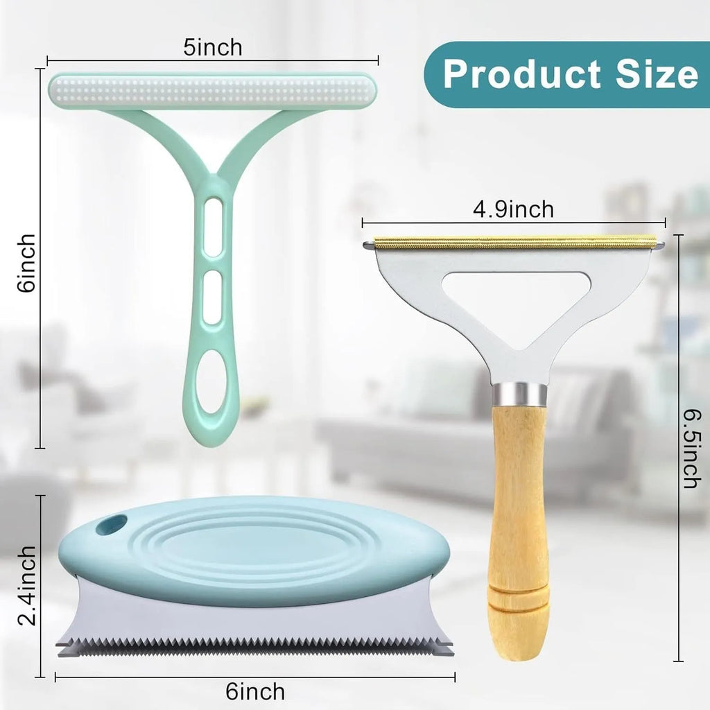 3-piece pet hair remover set showing metal lint shaver, silicone brush, and round ABS/TPR cleaner on a fabric surface.