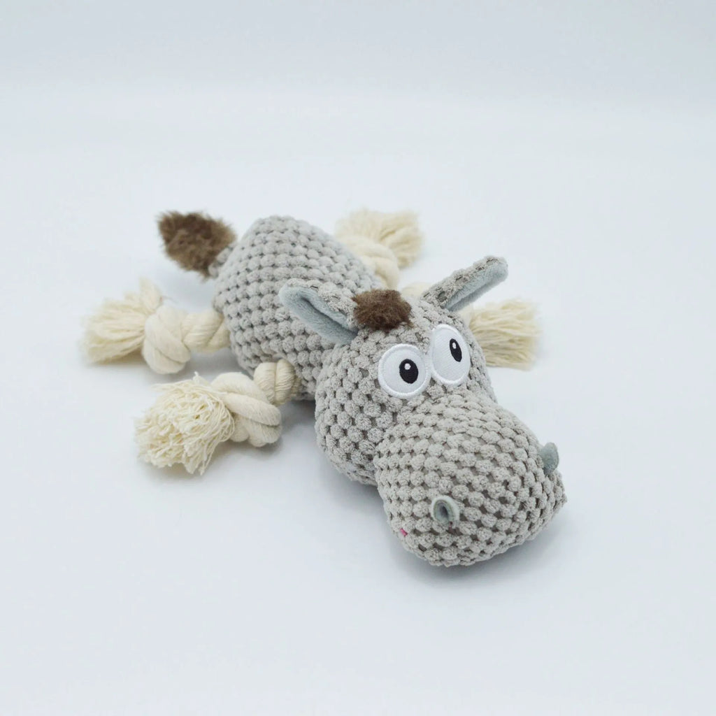 Grey donkey plush dog toy with creak sound mechanism, measuring 27 cm long