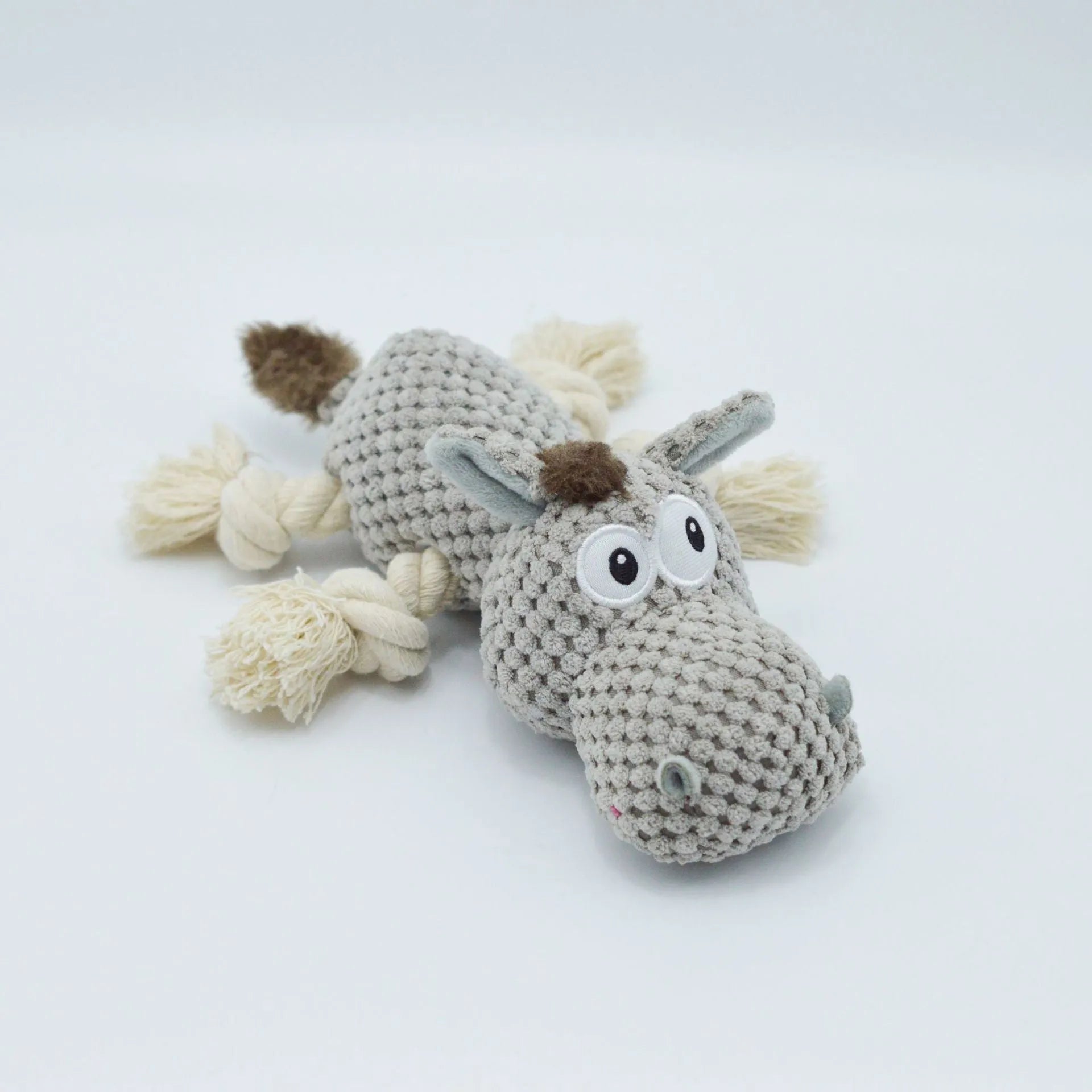 Grey donkey plush dog toy with creak sound mechanism, measuring 27 cm long