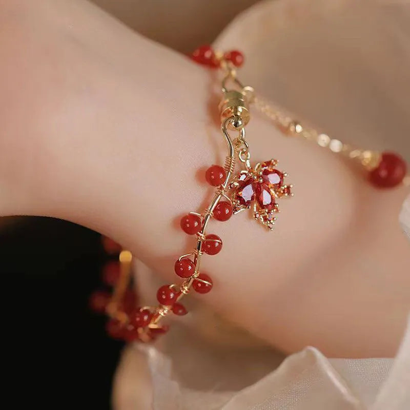 Red ginkgo leaf Chinese style magnetic bracelet with alloy construction