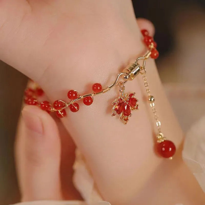 Red ginkgo leaf Chinese style magnetic bracelet with alloy construction
