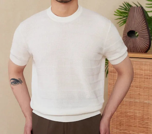 Men's beige cotton retro short sleeve T-shirt with round neck on hanger