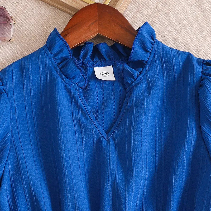 Girls' blue V-neck puff sleeve lace-up dress with A-line skirt and cotton blend fabric, summer style.