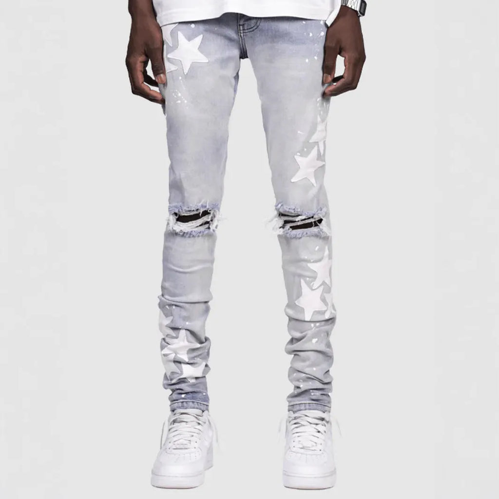 Men's slim fit blue jeans with embroidery detail and stretch fabric