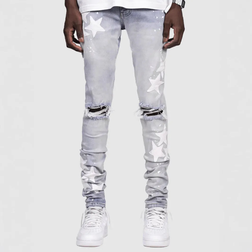 Men's slim fit blue jeans with embroidery detail and stretch fabric