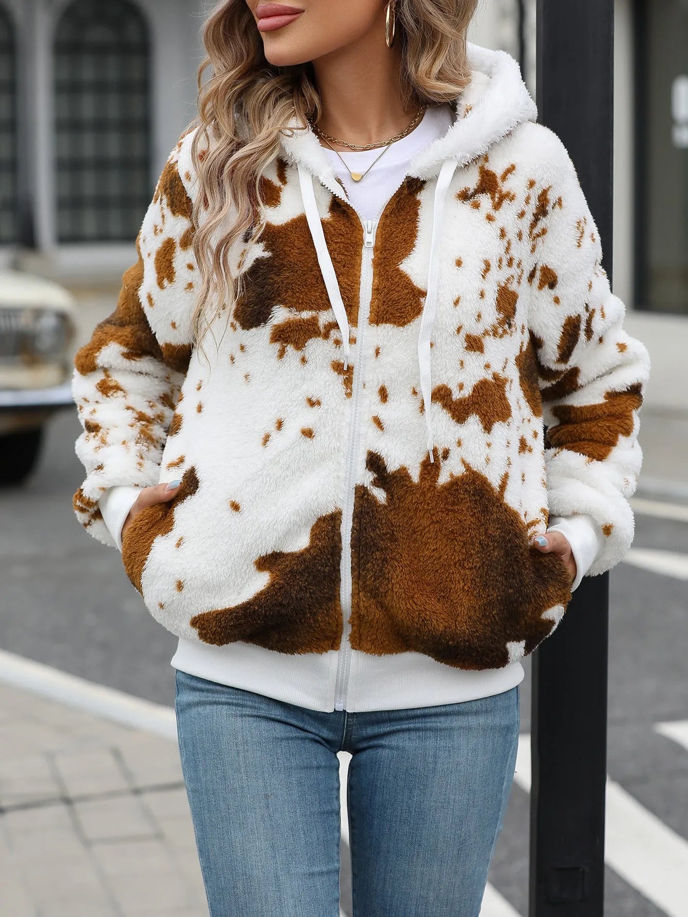 Yellow brown cow animal print hooded cardigan jacket with full front zipper in plush polyester fabric