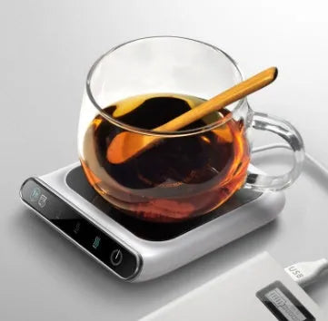 Black USB-powered cup warmer with heating coaster for beverages
