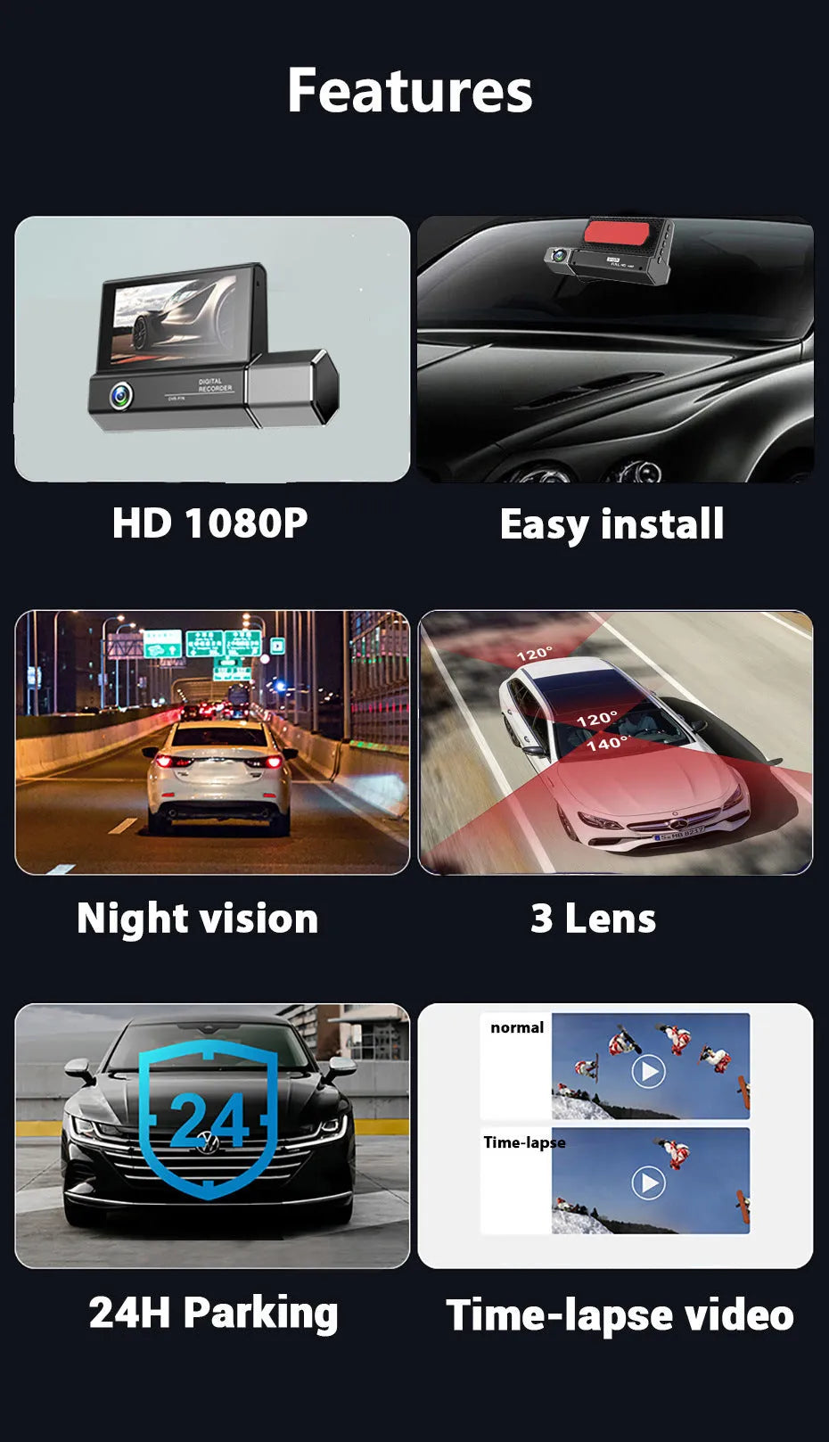 Black triple-lens car dash camera with touch screen and wide-angle recording