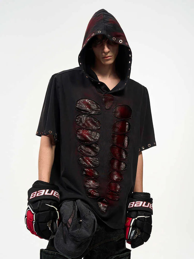 Black men's loose-fit T-shirt with short sleeves, a hood, and sequin graphic detail.