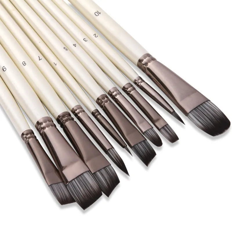 10 pearl white nylon oil painting brushes with wooden handles in PVC bag
