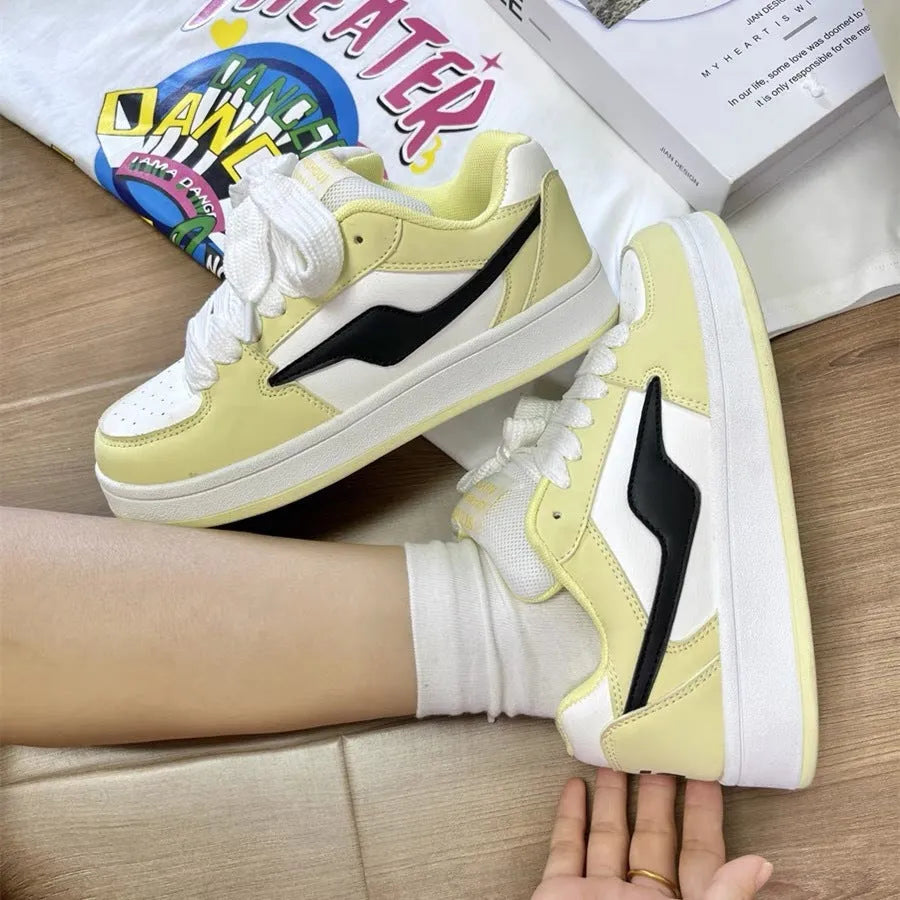 Women's low top board shoes in white yellow with mid heel 3-5cm, synthetic leather upper, rubber sole, pointed toe