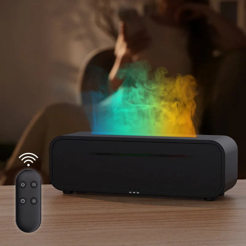 Black Flame Dynamic Aroma Diffuser with LED flame light display and remote control on a desk.