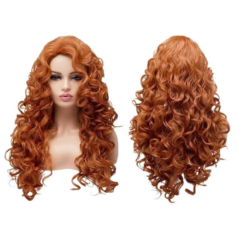 Long wavy brown synthetic curly wig on a mannequin head, with wig cap included.