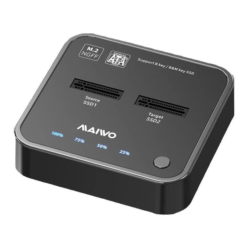 MAIWO K3016 M2 solid state drive cloner dock unit with USB-C cables and power adapter on a desk.