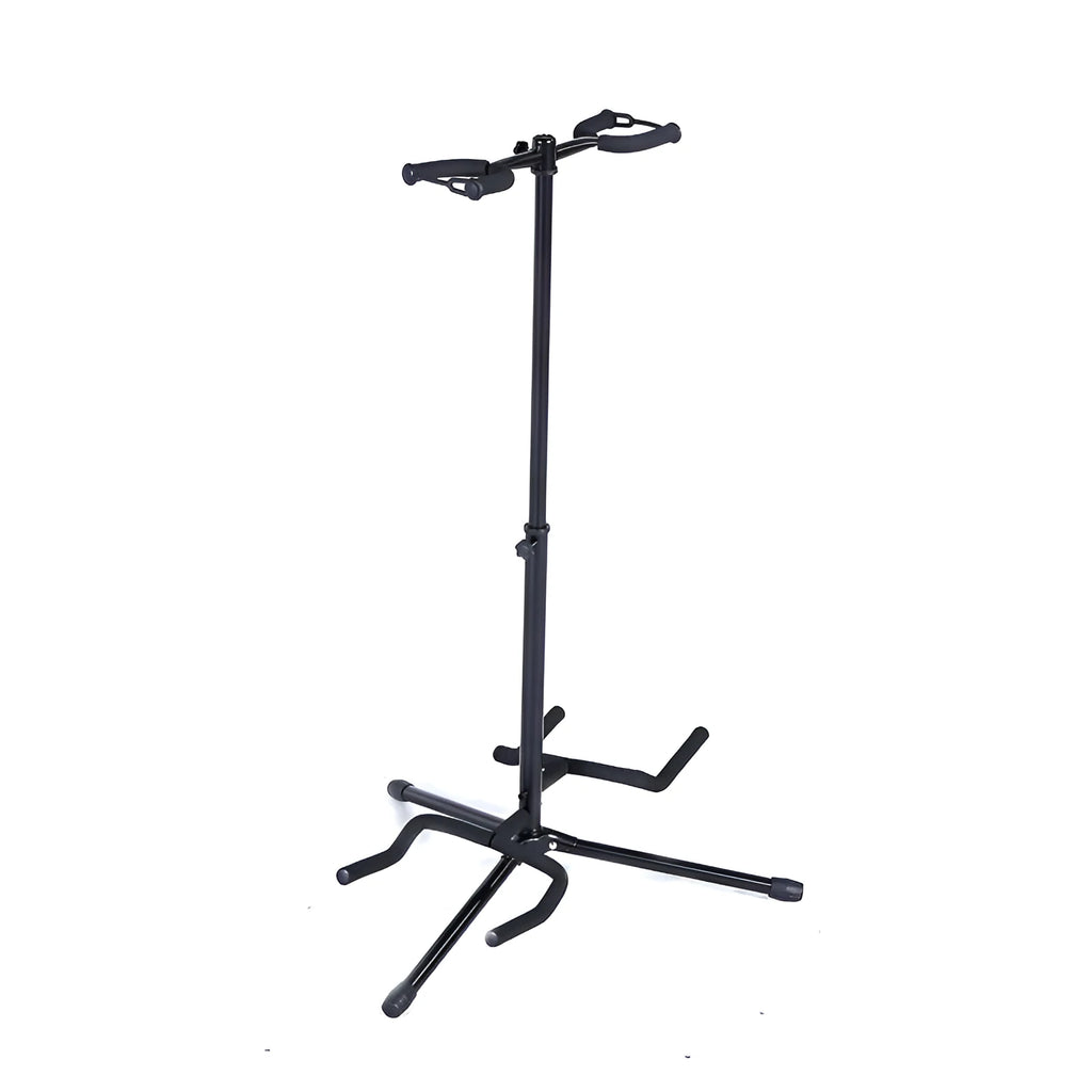 Black iron vertical double-headed guitar stand holding two guitars