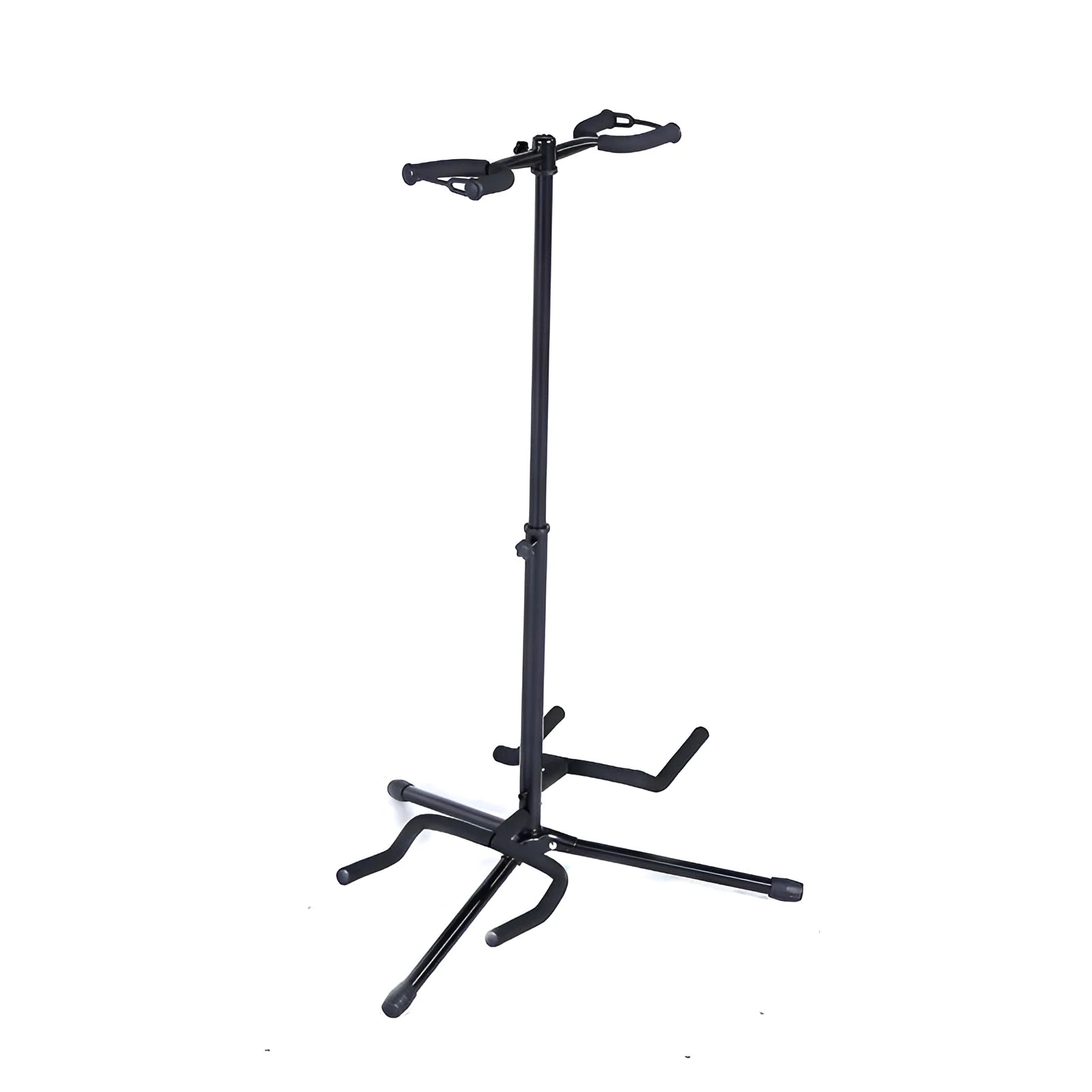 Black iron vertical double-headed guitar stand holding two guitars