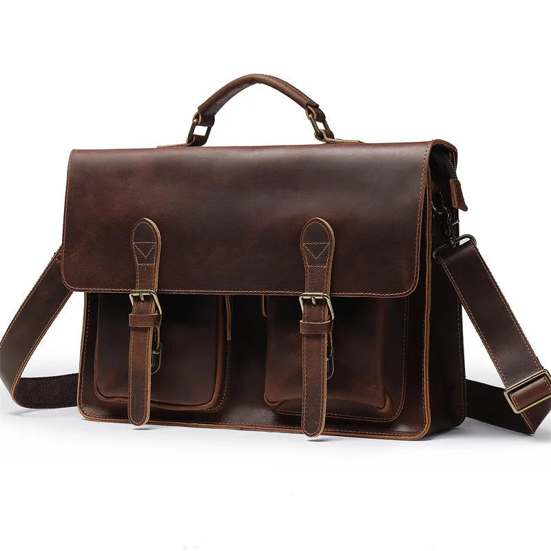 Top cowhide leather computer bag in dark brown with crossbody strap and sewing line detailing