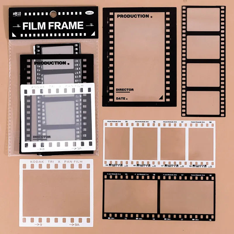 Retro decorative sticker pack with 15 transparent sheets showing film, music, and photography frame designs.