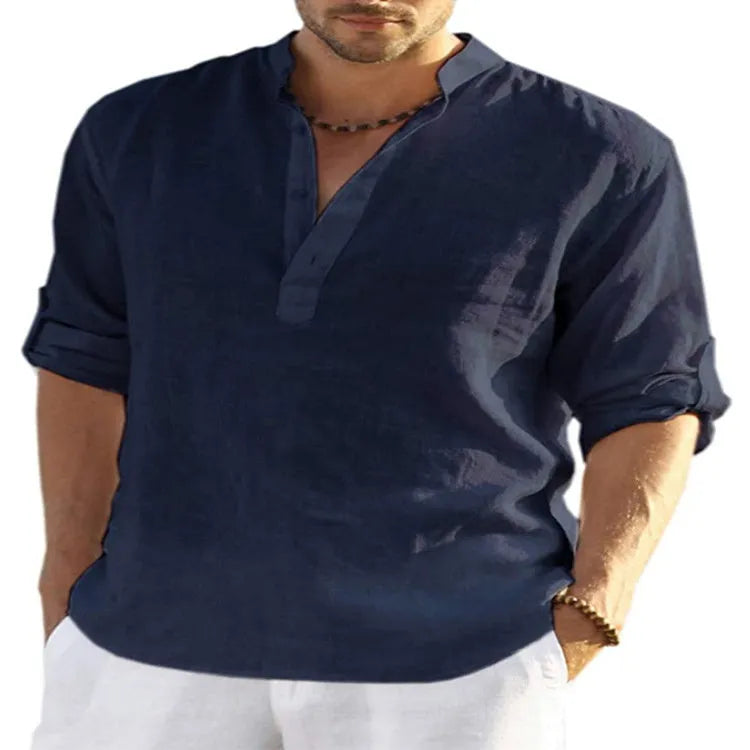 Men's solid colour long sleeve casual shirt in cotton linen fabric with a stand collar.