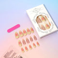 Plastic false nails with 3D cartoon flower design, jelly glue, and a nail file strip on a white background.