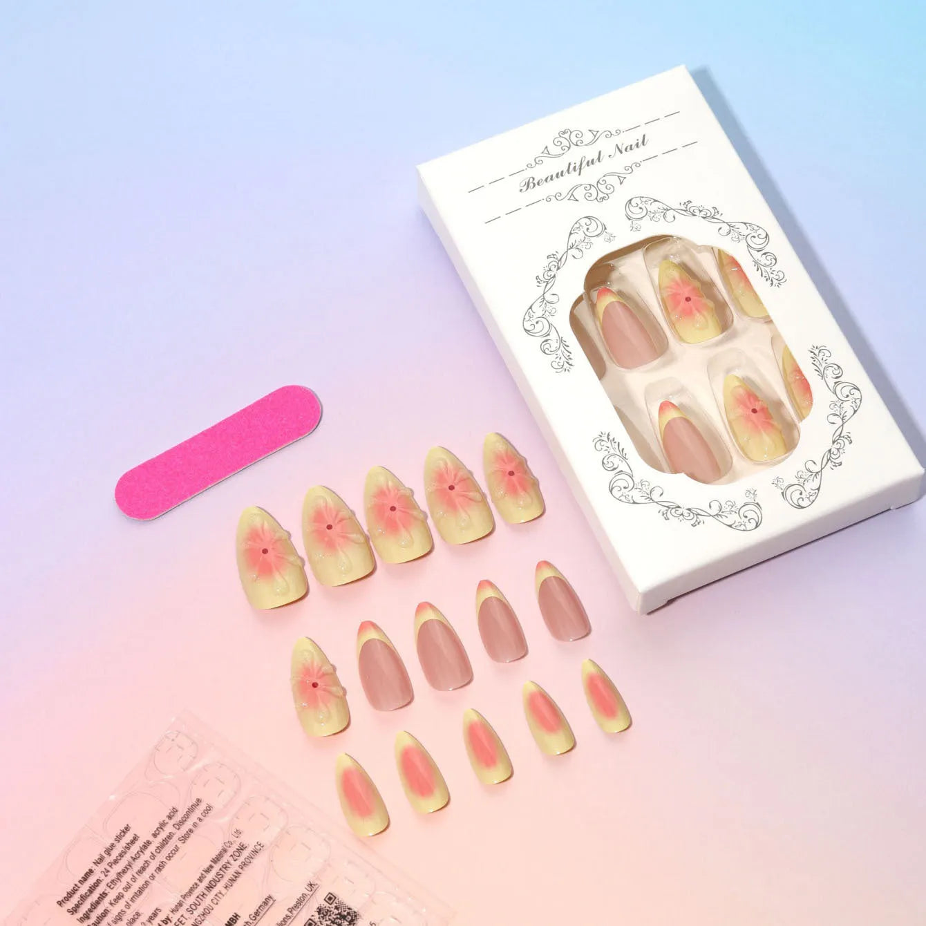 Plastic false nails with 3D cartoon flower design, jelly glue, and a nail file strip on a white background.