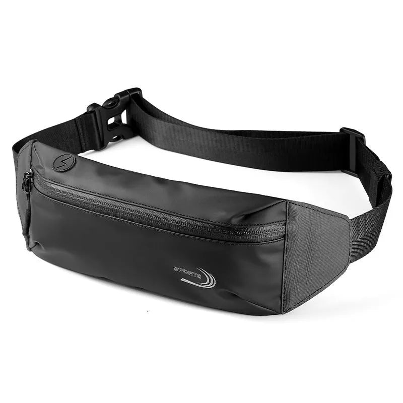Men's black waterproof Derm Oxford polyester waist bag with belt strap, showing front compartment.